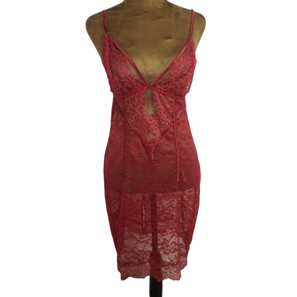 Victoria's Secret Lace Lingerie Dress Size M Sheer Sexy Burgandy Red